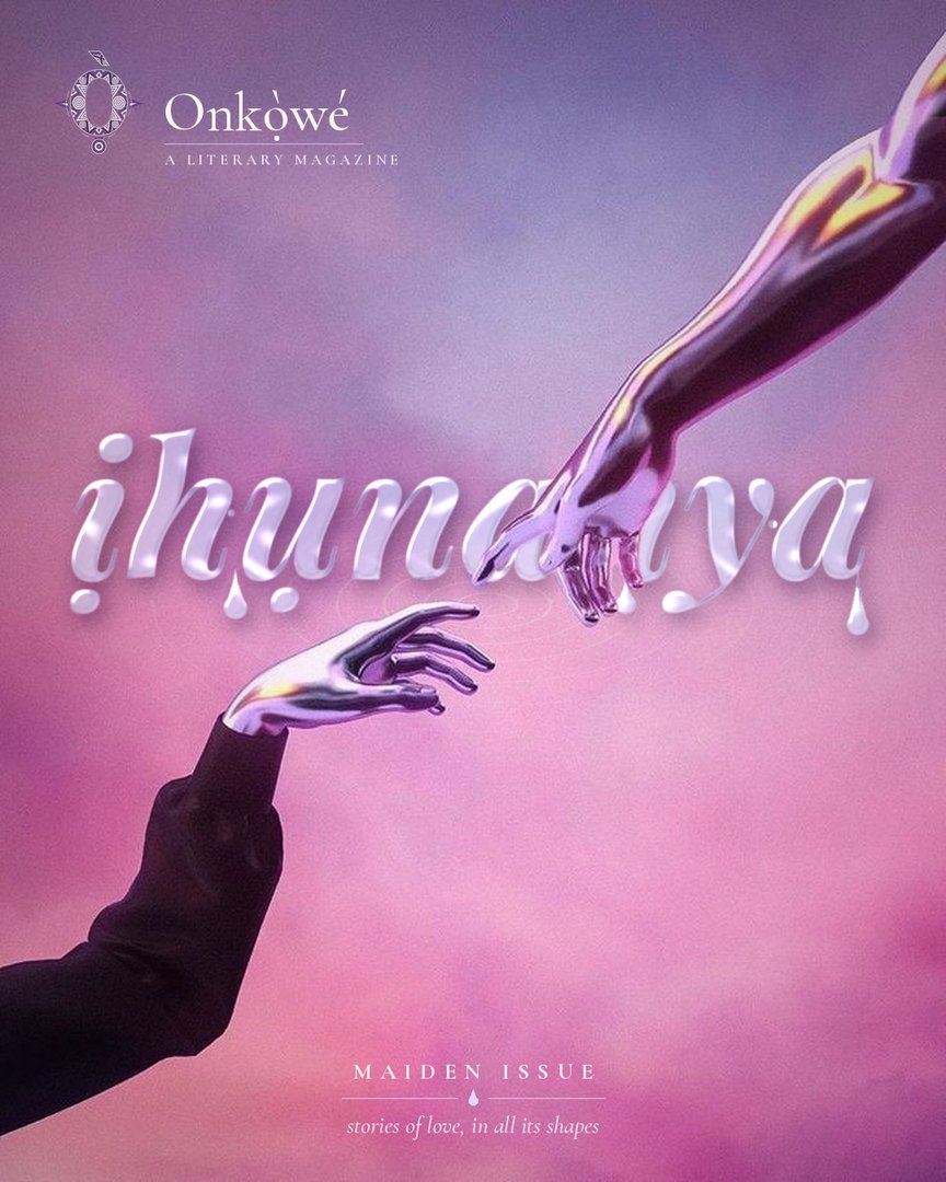 Cover of Onkọ̀wé Issue 01, ịhụnanya: two silver hands reaching toward each other in a pink and violet sky